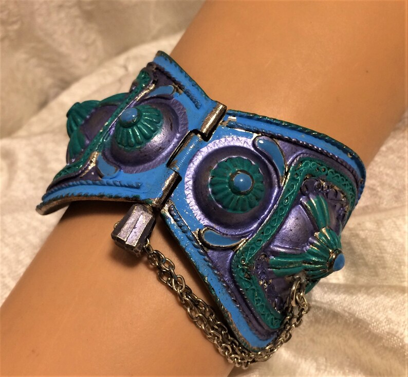 Vintage Blue and Green Spiked Bracelet in Bohemian Kuchi Afghan Belly Dancing Style It Is Hinged Has Safety Chain and Wonderful Design D9 image 2