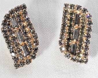 Vintage Alice Caviness  Gray Rhinestone Clip On Earrings with Gold Colored Settings. 1 1/4 Inches and Signed. Lovely Wedding Jewelry. (D36)