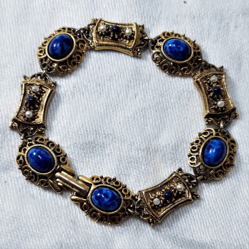 Vintage Victorian Revival Link Bracelet by ART has Blue Art Glass Stones It Measures 7 14 Inches. Tiny Blue Stones D42 and Faux Pearls