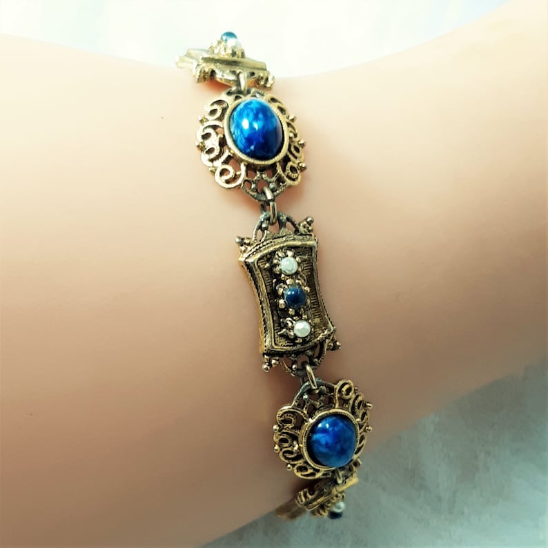 Vintage Victorian Revival Link Bracelet by ART has Blue Art Glass Stones It Measures 7 14 Inches. Tiny Blue Stones D42 and Faux Pearls