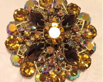 Vintage Large Tiered Brooch with Autumn Colors of Brown, Gold and Aurora Borealis. Round and Marquise Rhinestones.  2 Inches Diameter. (D22)