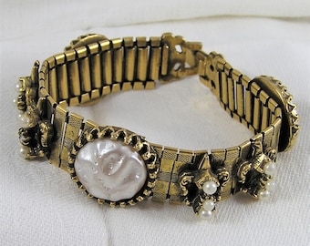 Vintage Faux Pearl Bracelet: Victorian Revival Gold Watch Band Style J25