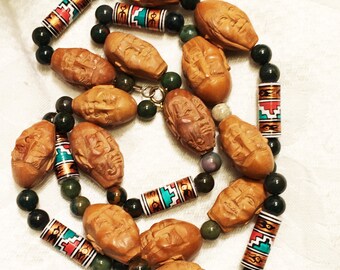 Vintage Buddhist Carved Nut Faces Prayer Bead Necklace Lohan Arhat Mala 14 Carved Heads Bloodstone Spacers 32 Inches Long Worry Beads (Bead)