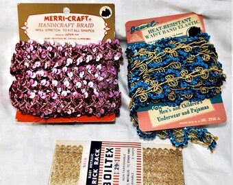 Vintage Sewing Trim Lot. 4 Yards Pink Merri-Craft Sequin Trim, 3 Yards Aqua Sequin Gold Braid Trim, and 6 Yards Gold Metallic Rick Rack.