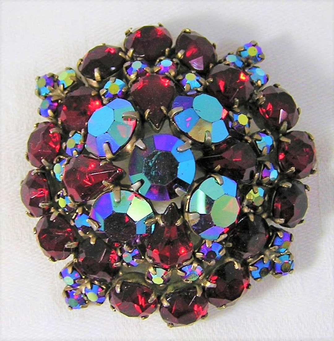Vintage Large Red Rhinestone Dome Brooch. Some Stones Are Red Aurora ...
