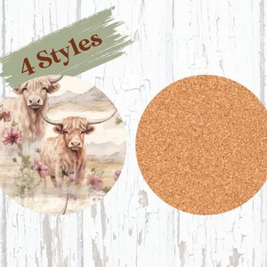 Ceramic Coaster Set, Highland Cow Coasters, Farmhouse Decor, Drink Coaster, Kitchen Accessories, Animal Lover Gift, Floral Highland Cow