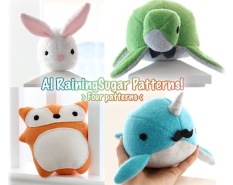 Easy Plush toy sewing PATTERN and TUTORIAL bundle, fleece bunny rabbit turtle fox whale narwhal, stuffed softie instructions