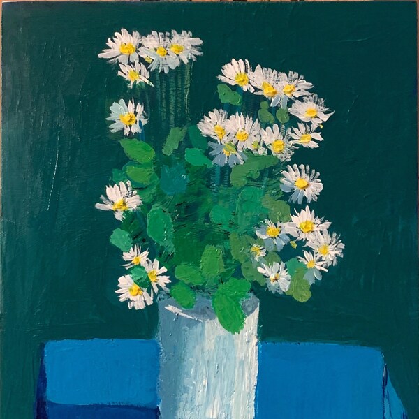 Wild daisies, original acrylic painting on wood panel, art home decor,