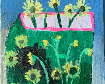 Mini zonnebloemterrarium, origineel Acrylschilderij op canvasbord, 5"x7", abstracte bloemen, woondecoratie