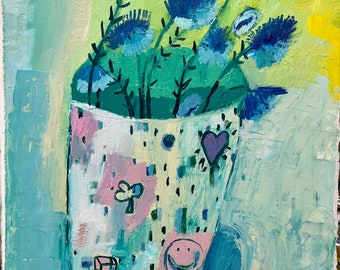 Graffiti Vessel with flowers, original oil painting painting on paper, modern art, wall art, home decor