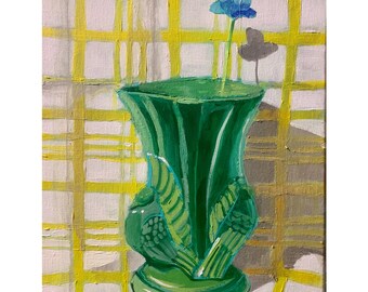 Vintage vase with Cornflower, original acrylic painting on canvas, wall art, home decor, modern art