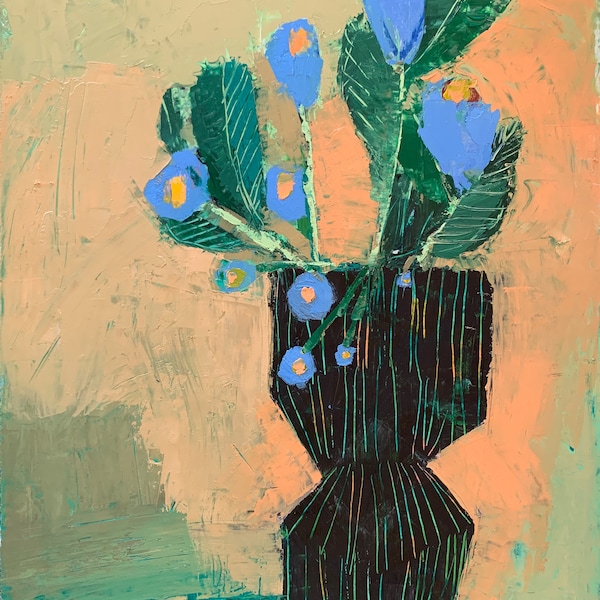 Black Vase with Blue flowers, original oil painting on paper