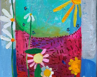 Daisy Chain terrarium, original acrylic painting on canvas, whimsical home decor, abstract flowers,