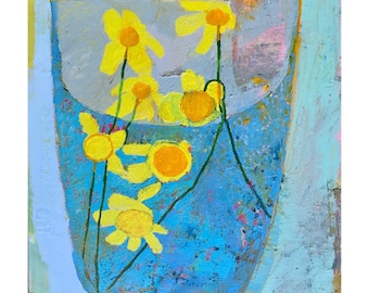 Framed Floral Acrylic Painting: Tulips in Blue Vase, Modern Wall Art (36x36)