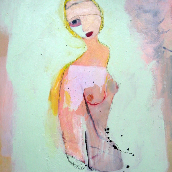 reserved. The Last Cow, Original abstract nude mixed media on wood