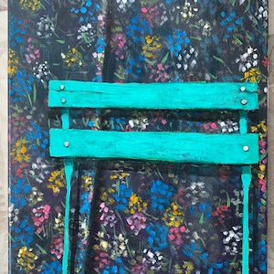 Bistro Chair with floral background, original acrylic painting on canvas, 11x14, home decor , wall art image 1