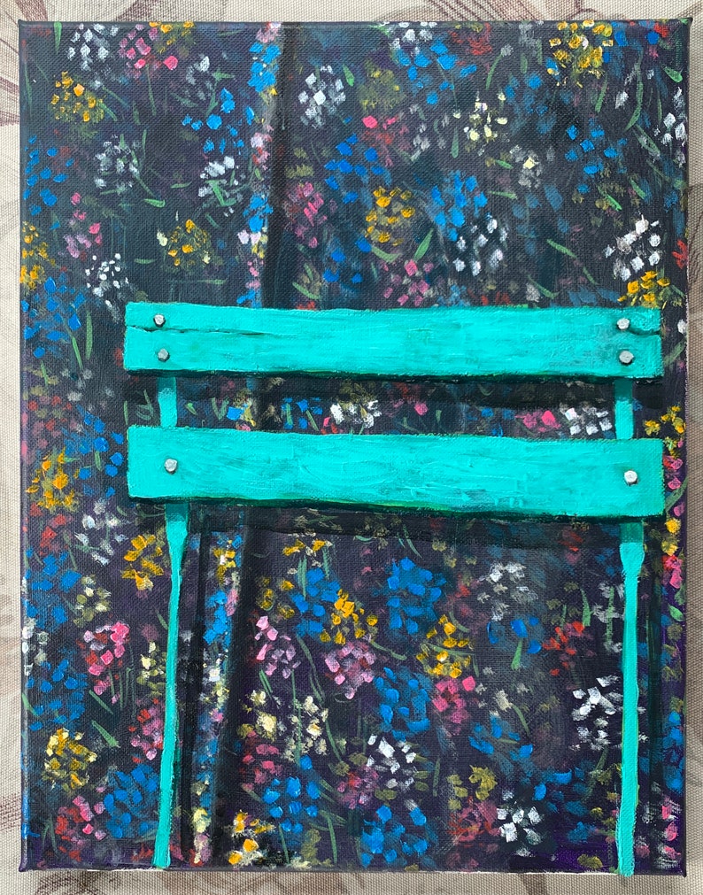 Bistro Chair with floral background, original acrylic painting on canvas, 11x14, home decor , wall art image 1