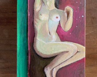 Nude, original acrylic painting on canvas board, 5x7 on cradled box ,  home decor, art, artwork