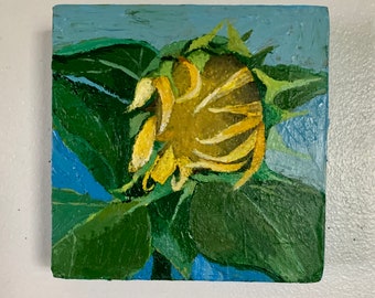 Dying Sunflower – Original Acrylic Floral Painting on Wood Panel, 6x6 Wall Art, Moody Botanical Home Decor, Ready to Hang