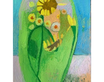 Sunflower Jar, original acrylic painting on canvas board, 12”x9” , abstract art, floral art