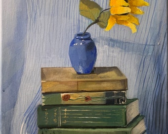 Still Life with Books, original acrylic painting on canvas, home decor, wall art, Brooke wandall,