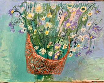 Red Basket with Wilting Wildflowers, original oil painting on paper, abstract home decor , modern house