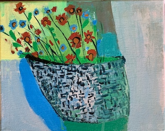 flowers in a basket, original acrylic  painting on canvas