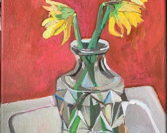 Daffodils in a Vase, original acrylic painting on canvas , home decor, wall art, painting