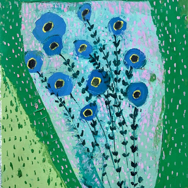 Blue Poppies, original oil painting on cotton paper