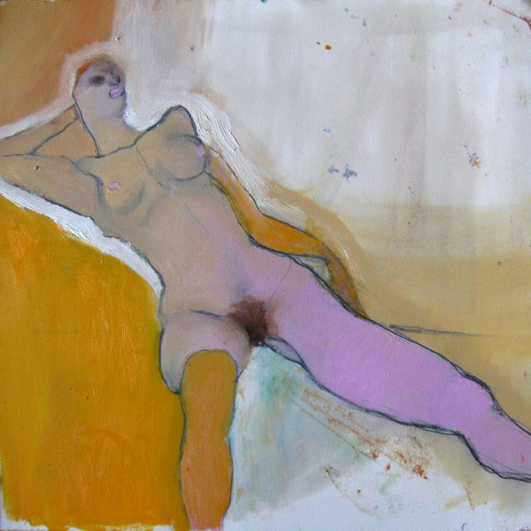 Nude on Yellow, Original oil painting on arches paper