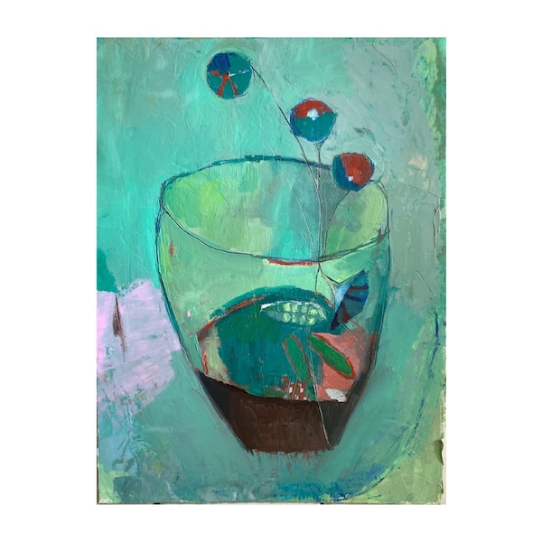 blue terrarium, original oil painting on cotton paper