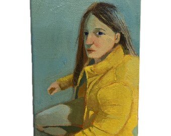 Girl with Yellow Jacket, original acrylic painting on canvas , 6”x4” thick sides , portrait, contemporary portrait, girl