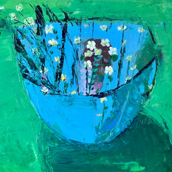Blue bowl with wildflowers, original oil painting on cotton paper