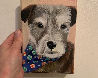 Terrier with scarf, Original acrylic painting on stretched canvas, 5”x7”, dog portrait, grey and white dog,