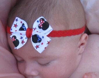 Red White Blue Star July 4th Layered Korker Hair Bow Soft Headband Preemie Adult