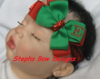 Sparky Red Green Monogram Dainty Baby Hair Bow Headband Personalized Christmas