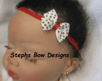 Sparky Red Green Monogram Dainty Baby Hair Bow Headband Personalized Christmas