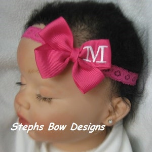 Shock Pink Monogrammed Personalized Letter Dainty Hair Bow Lace Headband Newborn Preemie Toddler Infant Monogram So Adorable ON L@@K
