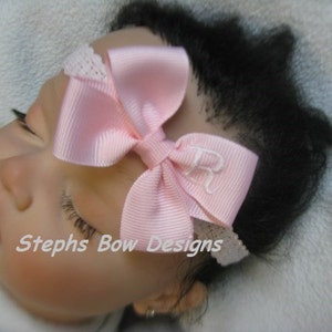 Soft Pink Monogrammed Personalized Letter Dainty Hair Bow Pink Lace Headband Newborn Preemie Toddler Infant Monogram So Adorable ON L@@K