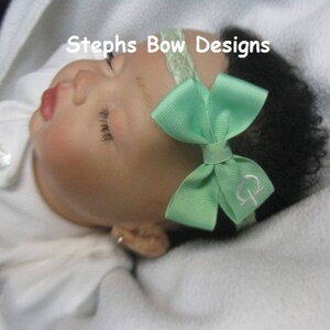 Mint Green Monogrammed Personalized Letter Dainty Hair Bow Lace Headband Newborn Preemie Toddler Infant Monogram So Adorable ON L@@K