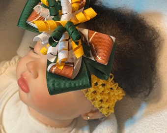 Green Bay Packers Football Layered Korker Curlies Boutique Hair Bow Headband Baby Hairbow So Cute On, Green Bay Packer HairBow M2M