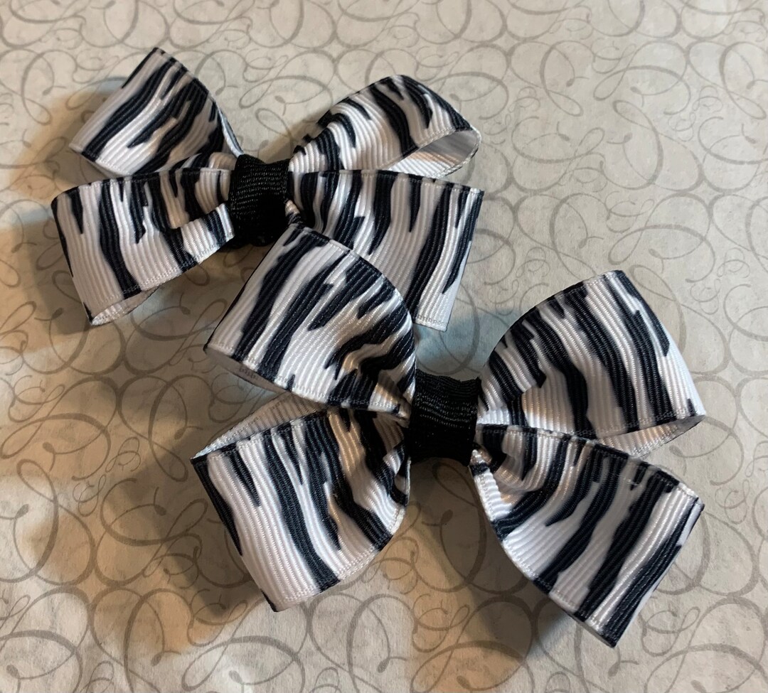 Black & White Zebra 2 Pigtail Hair Bow, Black White Zebra Stripe