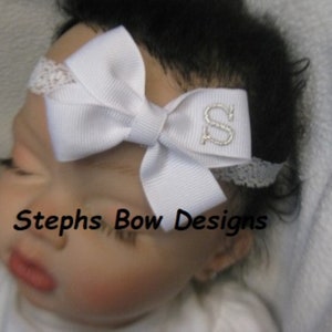 White with Silver Monogrammed Personalized Letter Dainty Hair Bow Headband Newborn Preemie Toddler Infant Monogram So Adorable ON L@@K