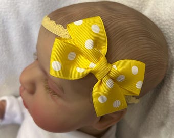 Yellow w/White Dots Small Dainty Hair Bow yellow Lace Headband, Easter, Spring 4 Baby, Newborn, Preemie, Toddler, Infant  So Cute On yellow
