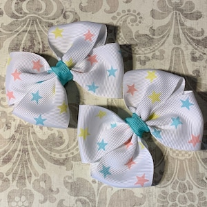 Pastel Stars Hair Bow, 3” wide Hair bow, Pastel Pigtail Hairbows, Pastel Stars hair bow clips barrette Pony-O, Stars Hair Bow, Soft Stars
