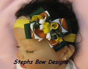 Green Bay Packers Dainty Layered Korker Curlies Hair Bow Headband Baby Hairbow, So Cute On,  Matches Green Bay Packers Football Team