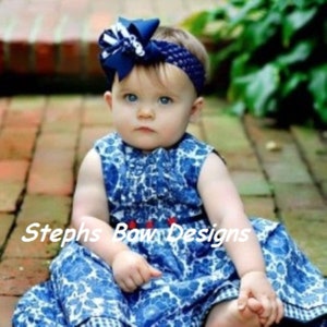 Big 4&quot; Navy Blue and White Boutique Korker Hair Bow Headband fits Newborn Toddler Baby Cute for Sailor outfits