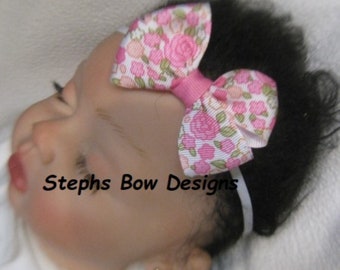 Hot Pink Roses Dainty Hair Bow Headband FITS Newborn Preemie Toddler Baby Hairbow Easter Spring, pink roses infant hair bows, roses hairbow
