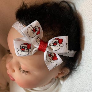 Santa Claus 2” Christmas Dainty Small Hair Bow Lace Headband FITS Baby Newborn Preemie Infant Toddler Cute, Santa hairbow, Santa hair bow
