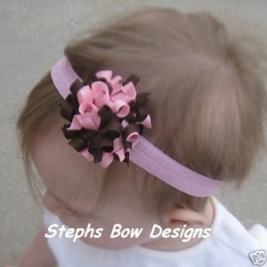 Pink and Brown 2&quot; Dainty Round Full Korker Hair Bow Headband, FITS Preemie to Toddler, Brown Pink Korker Hairbow headband or clip, Cute On